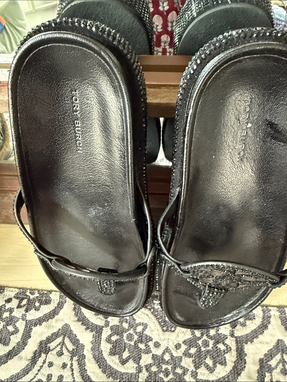 Tory Burch Black Leather Beaded Slide Sandals